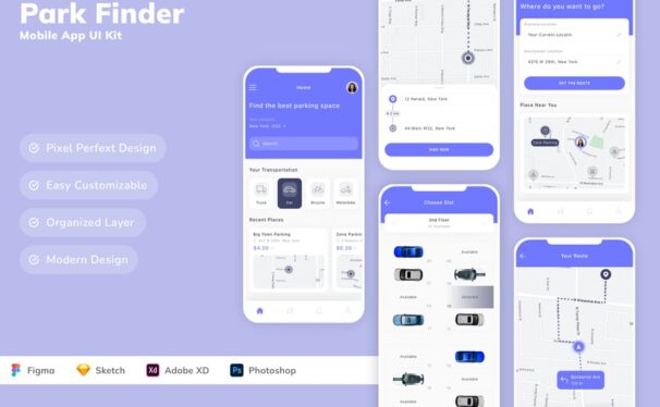 公园查找移动应用  APP UI Kit (SKETCH,FIG,XD,PSD)