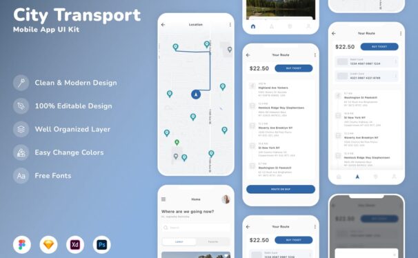 城市交通移动应用 UI 套件 (SKETCH,FIG,XD,PSD)