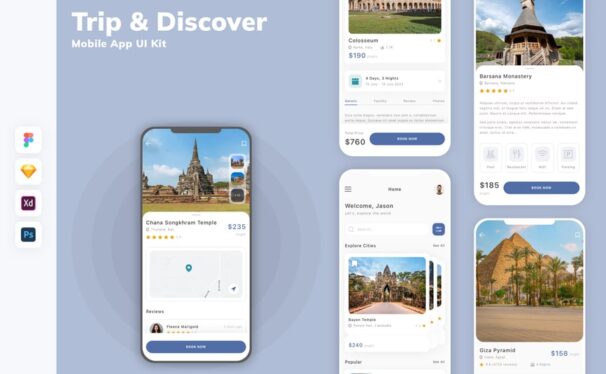 旅行 & 发现 移动应用  APP UI Kit (SKETCH,FIG,XD,PSD)