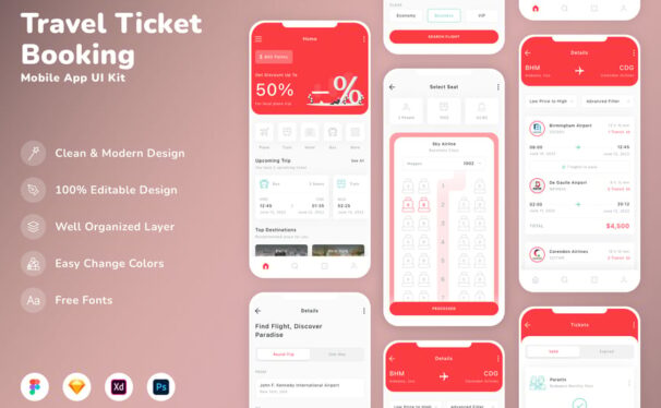 旅游机票预订移动应用  APP UI Kit (SKETCH,FIG,XD,PSD)