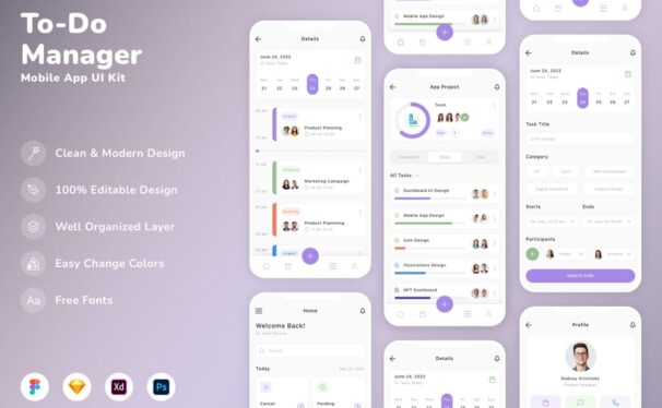待办事项管理器移动应用 APP UI Kit (SKETCH,FIG,XD,PSD)