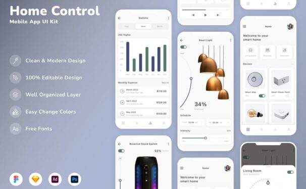 家居控制移动应用App UI Kit (SKETCH,FIG,XD,PSD)