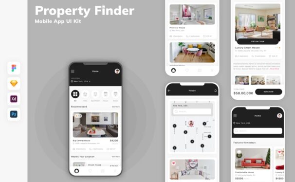 房产查找器移动应用 App UI Kit (SKETCH,FIG,XD,PSD)