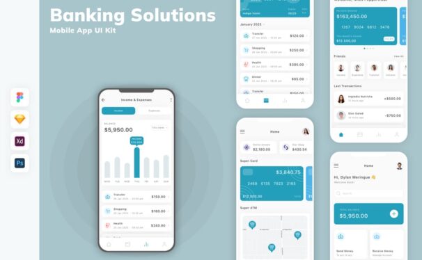 银行解决方案移动应用App UI Kit (SKETCH,FIG,XD,PSD)