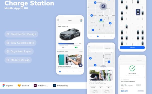 充电站移动应用 App UI Kit (SKETCH,FIG,XD,PSD)