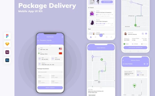 包裹递送移动应用App UI Kit (SKETCH,FIG,XD,PSD)