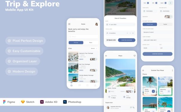旅行和探索移动应用App UI Kit (SKETCH,FIG,XD,PSD)
