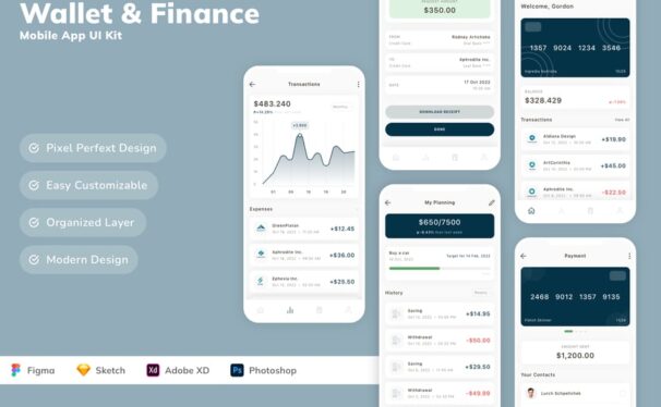 钱包和金融移动应用APP UI KIT (SKETCH,FIG,XD,PSD)