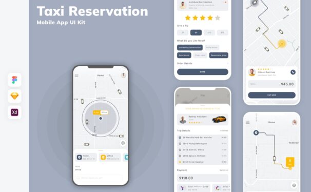 出租车预订移动应用APP UI KIT (SKETCH,FIG,XD)
