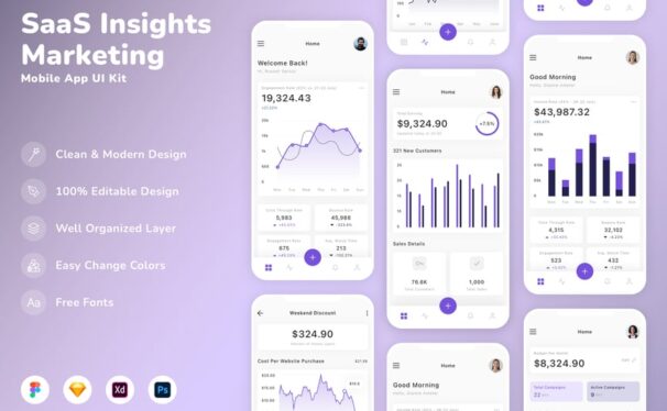 SaaS 洞察和营销移动应用 App UI Kit (SKETCH,FIG,XD,PSD)