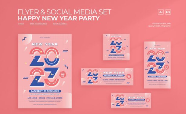 新年派对传单和社交媒体帖子集 (AI,PSD)
