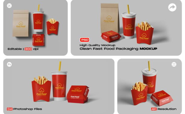带有干净背景的快餐包装模型样机 (PSD)