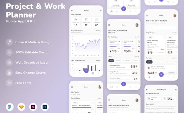 项目和工作规划器移动应用APP UI KIT (SKETCH,XD,FIG,PSD)