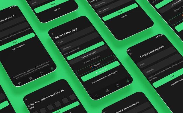 登录、登录和注册、密码屏幕黑色应用APP UI KIT (FIG,PSD,SKETCH,SVG,XD)