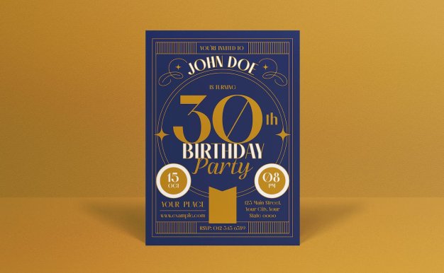 蓝色装饰艺术生日请柬海报模板 (AI,PSD)