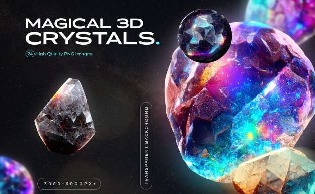 超现实霓虹颜色的 3D 宝石 & 水晶素材包（PNG）