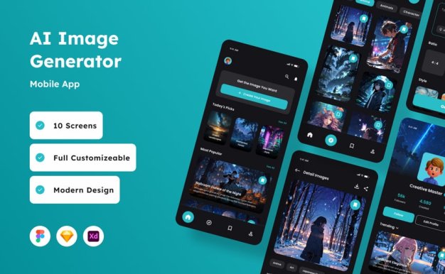 AI 图像生成器移动应用APP UI KIT (FIG,SKETCH,XD)