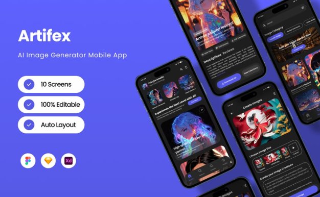 人工智能图像生成器移动应用APP UI KIT (FIG,SKETCH,XD)