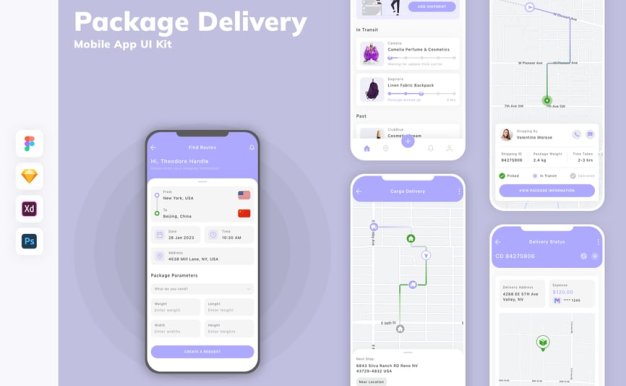 包裹递送移动应用App UI Kit (SKETCH,FIG,XD,PSD)