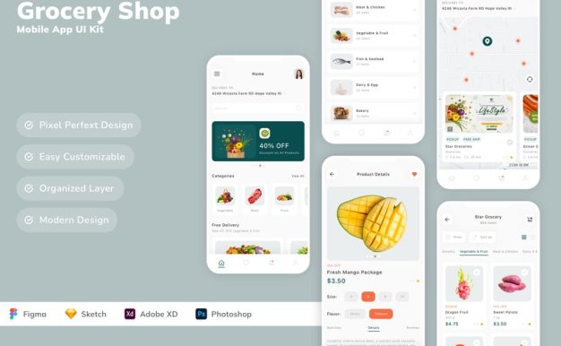 杂货店移动应用 APP UI KIT (SKETCH,FIG,XD,PSD)