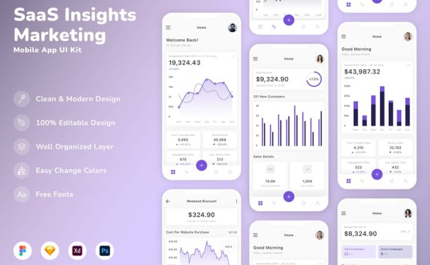 SaaS 洞察和营销移动应用 App UI Kit (SKETCH,FIG,XD,PSD)