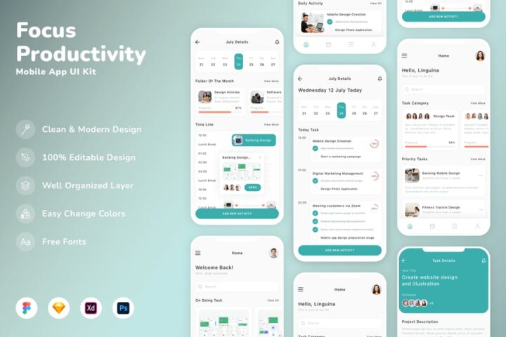 焦点和生产力移动应用 APP UI KIT (SKETCH,FIG,XD,PSD) – 蜜芽设计 – 优质平面设计资源素材免费下载