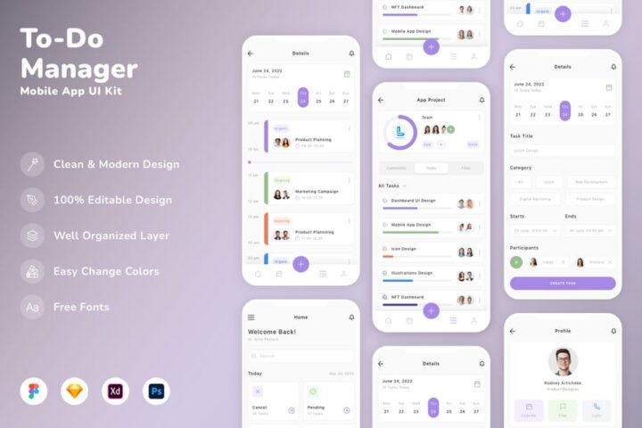 待办事项管理器移动应用 APP UI Kit (SKETCH,FIG,XD,PSD) – 蜜芽设计 – 优质平面设计资源素材免费下载