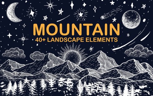 高品质的手绘矢量山地景观月亮太阳云彩星空大树树木自然元素大集合-AI, EPS, SVG, PNG