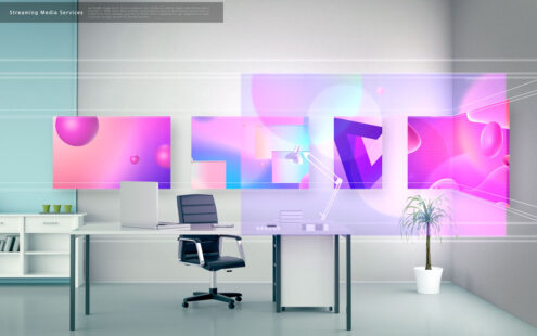 办公场景屏幕显示流媒体服务海报设计模板 (psd)