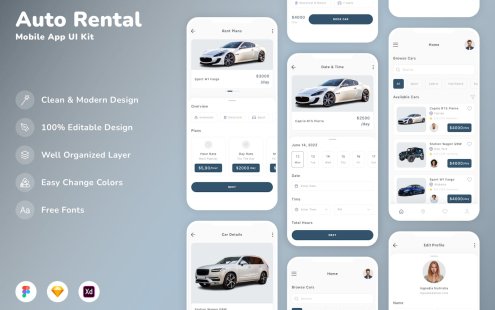 汽车租赁移动应用APP UI KIT (SKETCH,FIG,XD)