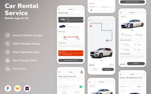 汽车租赁服务移动应用APP UI KIT (SKETCH,FIG,XD)