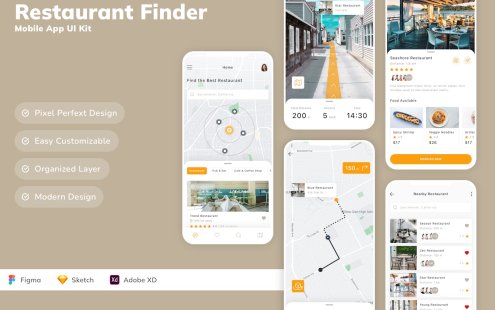 餐厅查找移动应用  APP UI KIT (SKETCH,FIG,XD)