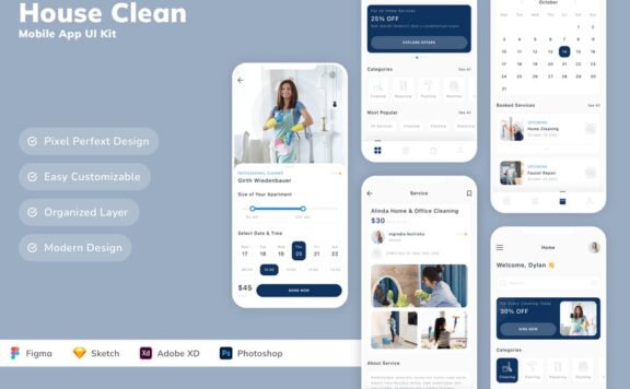 房屋清洁移动应用APP UI KIT (SKETCH,FIG,XD)