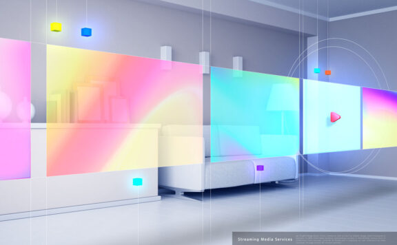 彩色全息屏幕流媒体服务海报设计模板 (psd)