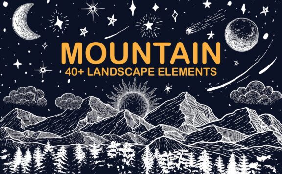 高品质的手绘矢量山地景观月亮太阳云彩星空大树树木自然元素大集合-AI, EPS, SVG, PNG