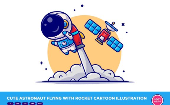 可爱的宇航员与火箭卡通飞行卡通矢量插画-AI, EPS, JPG, PNG, SVG