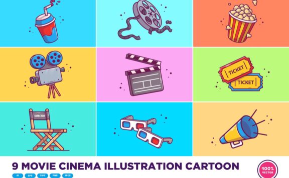 9个高品质的时尚高端可爱的卡通电影矢量插画大集合- AI, EPS, JPG, PNG, SVG