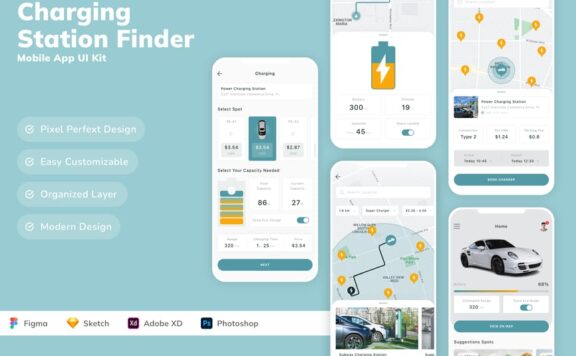 充电站查找器移动应用App UI Kit (SKETCH,FIG,XD,PSD)