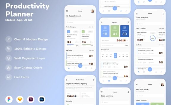 生产力规划器移动应用APP UI KIT (SKETCH,FIG,XD,PSD)