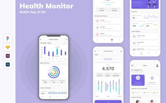 健康监测移动应用APP UI KIT (SKETCH,FIG,XD,PSD)