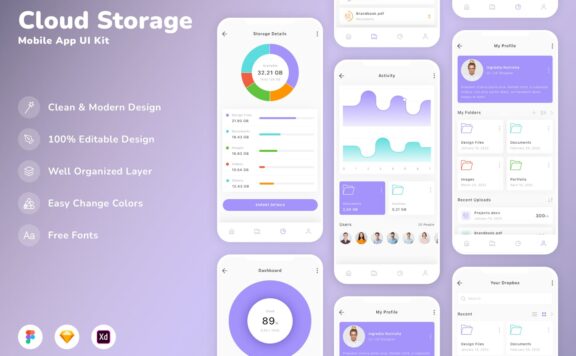 云存储移动应用APP UI KIT (SKETCH,FIG,XD)