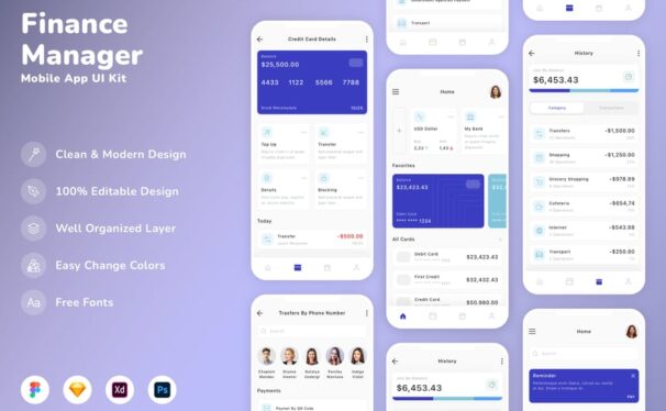 财务经理移动应用APP UI KIT (SKETCH,FIG,XD,PSD)