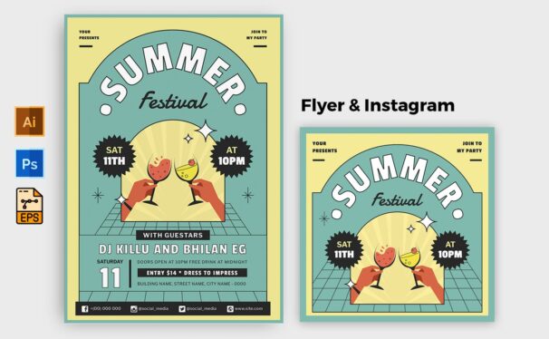 时尚高端复古风格的夏季矢量海报设计模板-AI, EPS, PSD