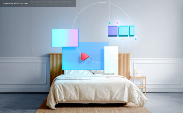 卧室房间屏幕显示流媒体服务海报设计模板 (psd)