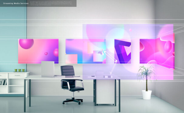 办公场景屏幕显示流媒体服务海报设计模板 (psd)