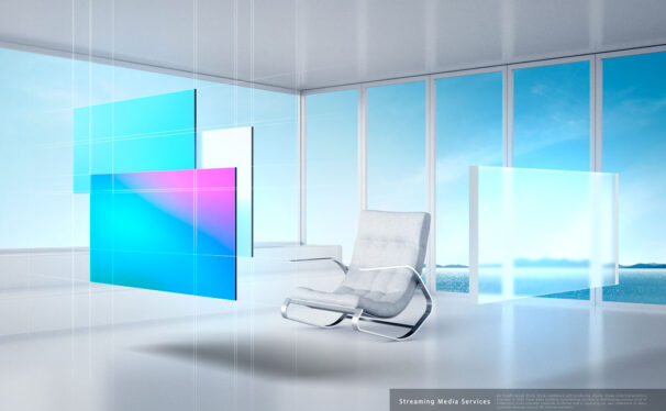 白色房间屏幕显示流媒体服务海报设计模板 (psd)