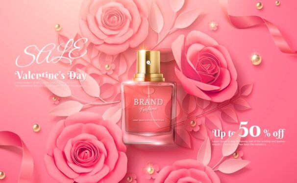 粉色玫瑰香水产品情人节销售活动矢量模板[eps]