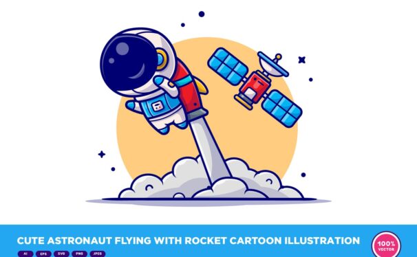 可爱的宇航员与火箭卡通飞行卡通矢量插画-AI, EPS, JPG, PNG, SVG