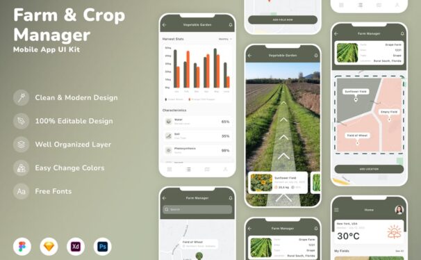 农场和作物经理移动应用App UI Kit (SKETCH,FIG,XD,PSD)