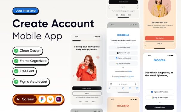 创建帐户移动应用App UI Kit (FIG,SKETCH,XD)